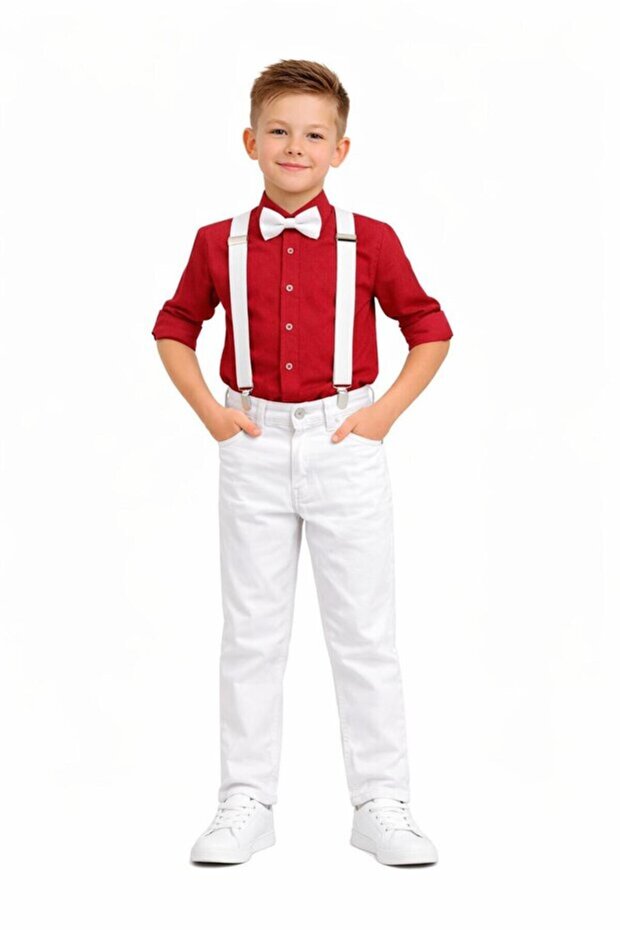Boy's 23 April 29 October Shirt&Pants&Suspender-Bow Tie 4-Piece Set Noble