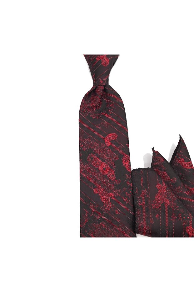 Black Claret Red Special Tie and Shawl with Patterned Handkerchiefs 33114 Claret Red