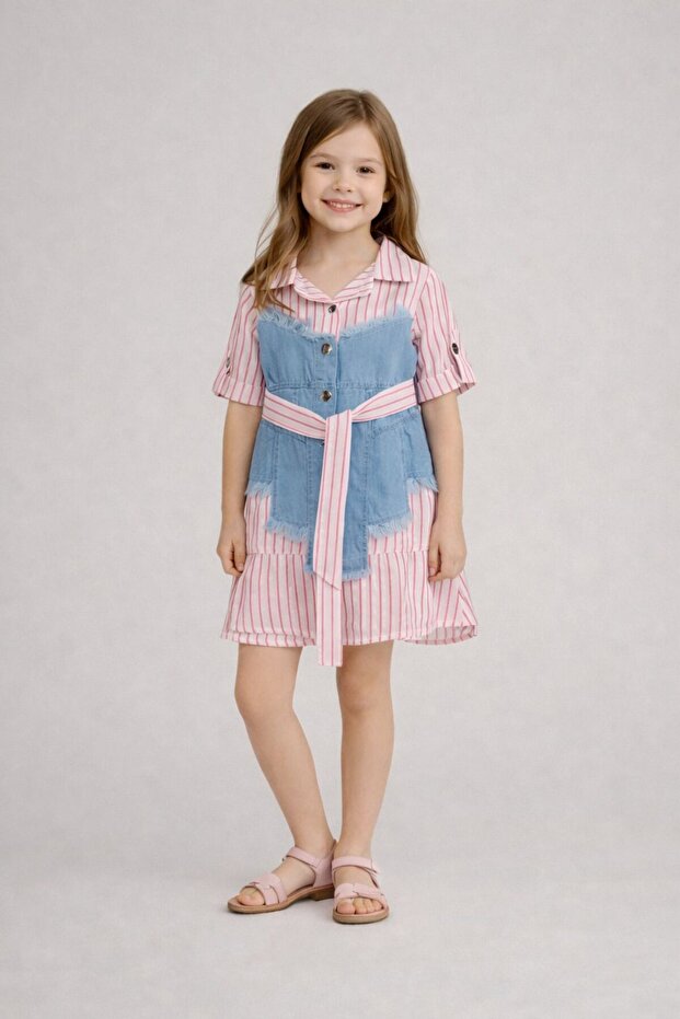 Girl's Striped Denim Detailed Belted Dress