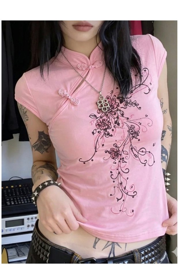 China Style Mandarin Collar Vintage Flowers Short Sleeve Blouse