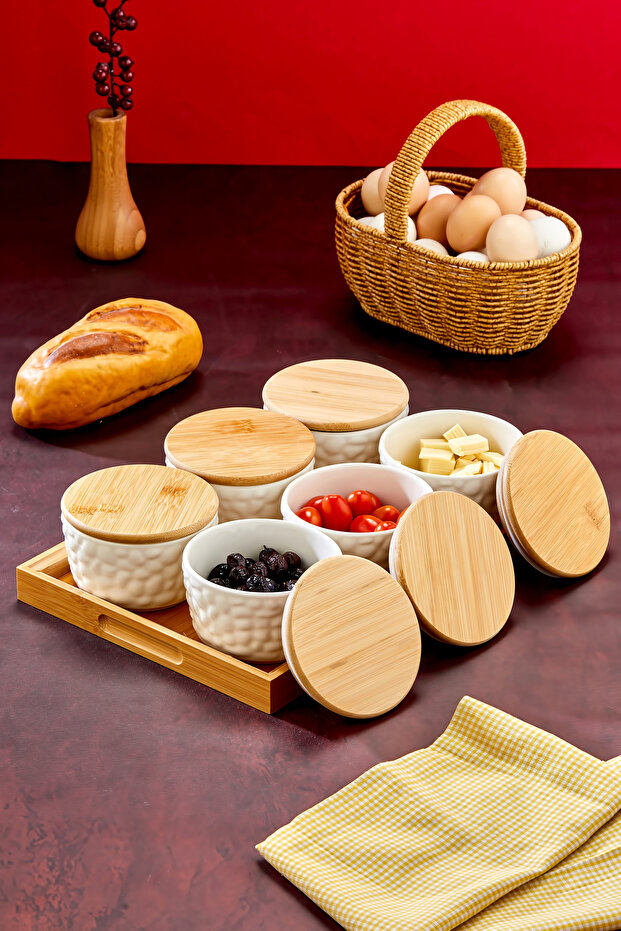 Palermo 6-Piece Porcelain Breakfast Set with Bamboo Lid Trays Ckr3931