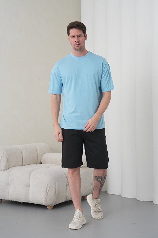 Men's Blue Black Cotton Piece Combed Cotton Short Sleeve Pocketed Shorts Set