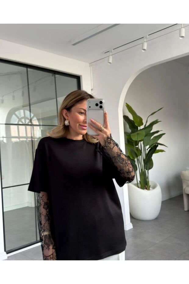 Women's Long Sleeve Lace Detailed Blouse Transparent Sleeve Stylish Basic Top