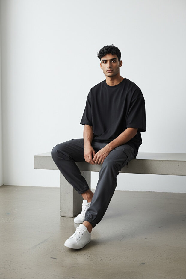 Anthracite Color Woven Cargo Pants - Zippered Pocket - Elasticated at the Leg