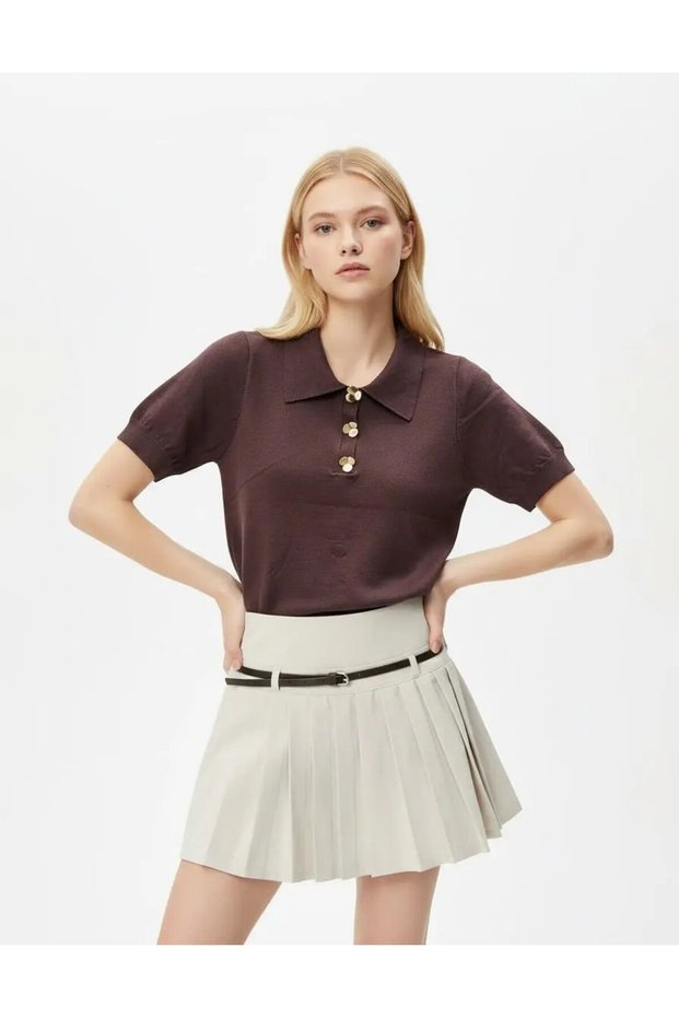 Women's Polo Collar Accessory Detail Premium Yarn Knitwear Sweater 12421.Crs