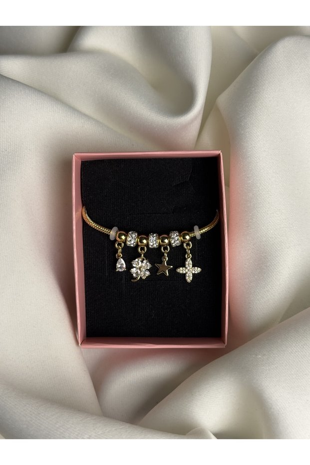 Gold Color Chain Dangle Zircon Stone Four Leaf Figured Women's Bracelet