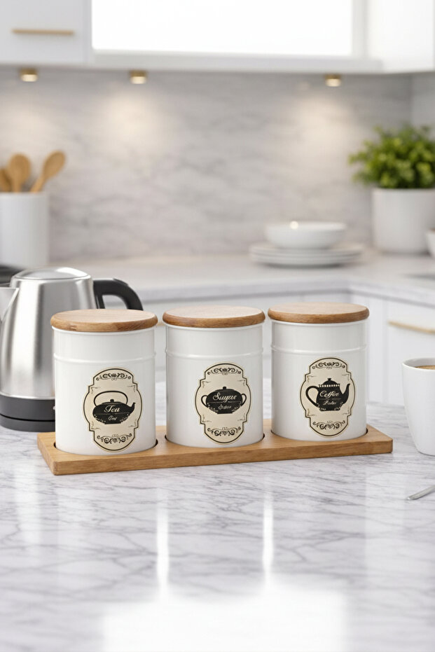 3-Piece Vacuum Metal Storage Container Set with Wooden Lid and Stand - Tea, Sugar, Coffee Jar Set