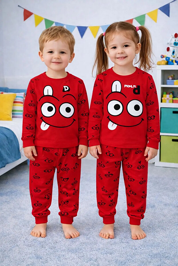 Eye Printed Cotton in 1 Quality Girls/Boys Double Set (Pijama Set)