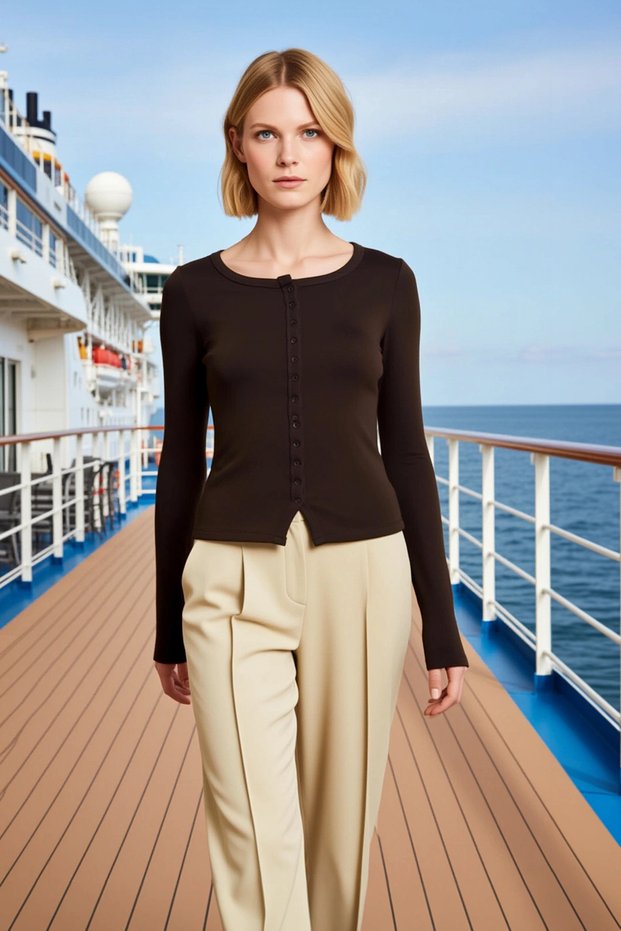 Women's Blouse Crew Neck Long Sleeve Fitted Fit Knitted Fabric Snap Detailed Cropped Cut Plain Patterned