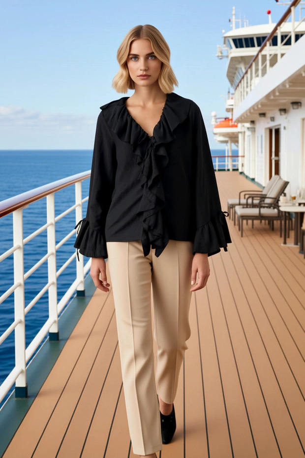 Women's Blouse V-Neck Ruffle Detail Long Sleeve Lace-Up Cuff Woven Aerobin Fabric Regular Fit Plain
