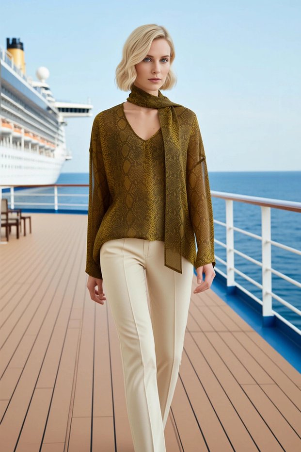 Women's Blouse V-Neck Long Sleeve Relaxed Fit Woven Chiffon Snake Patterned Sheer Shawl Detailed Regular