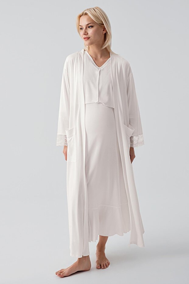 Long Sleeve Lace Piece Nursing Set with Stretchy Viscose Nursing Compartments Maternity Dressing Gown Nightgown Set