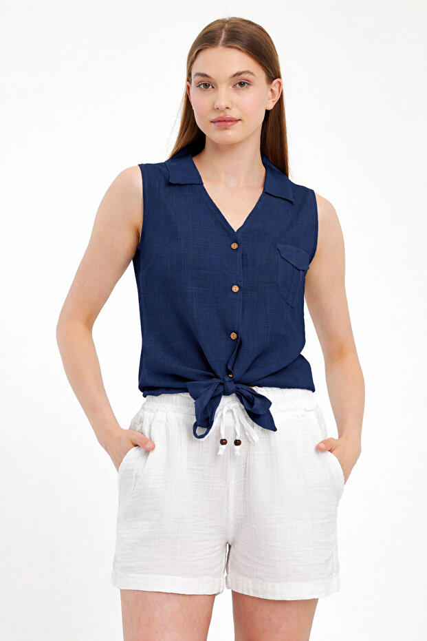 Shirt-Front Tie-Detail Sleeveless Shirt-1510