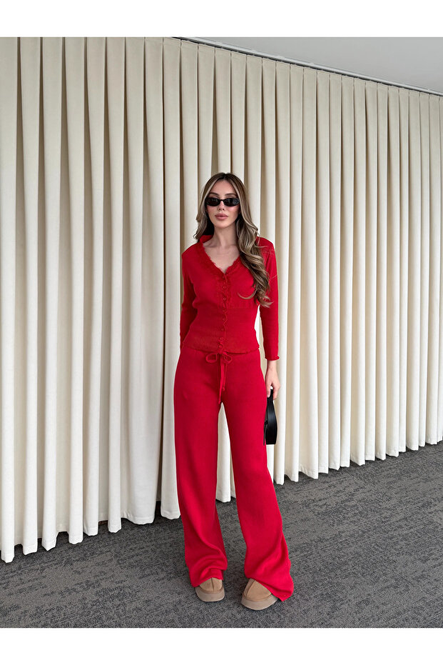 Red Lace Piece Double Knitwear Set - 2602