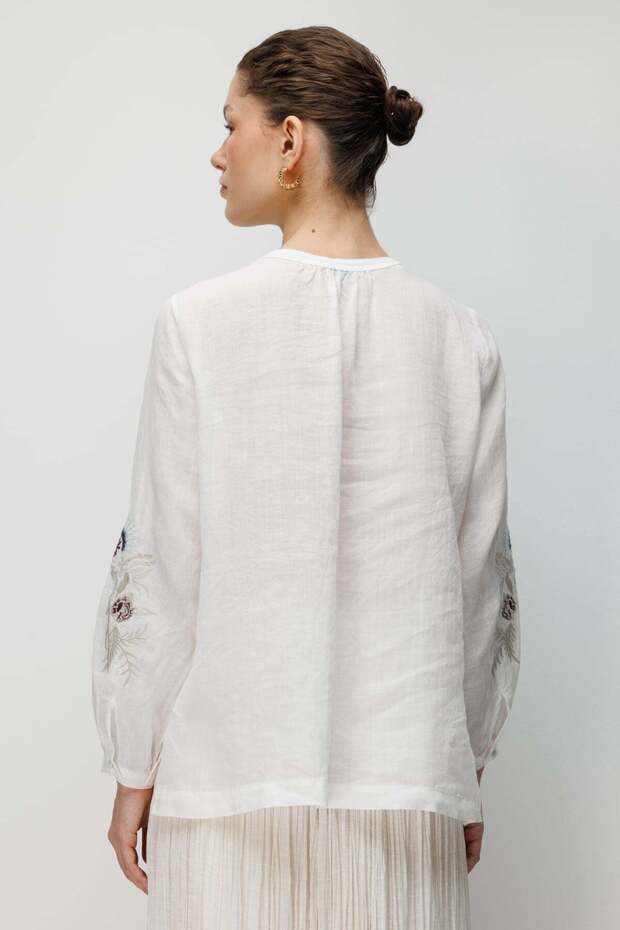 Çiçek İşlemeli Keten Bluz - 4