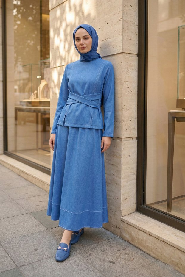 Beli Cross-Lace Skirt Tencel Skirt Set Blue - Blue