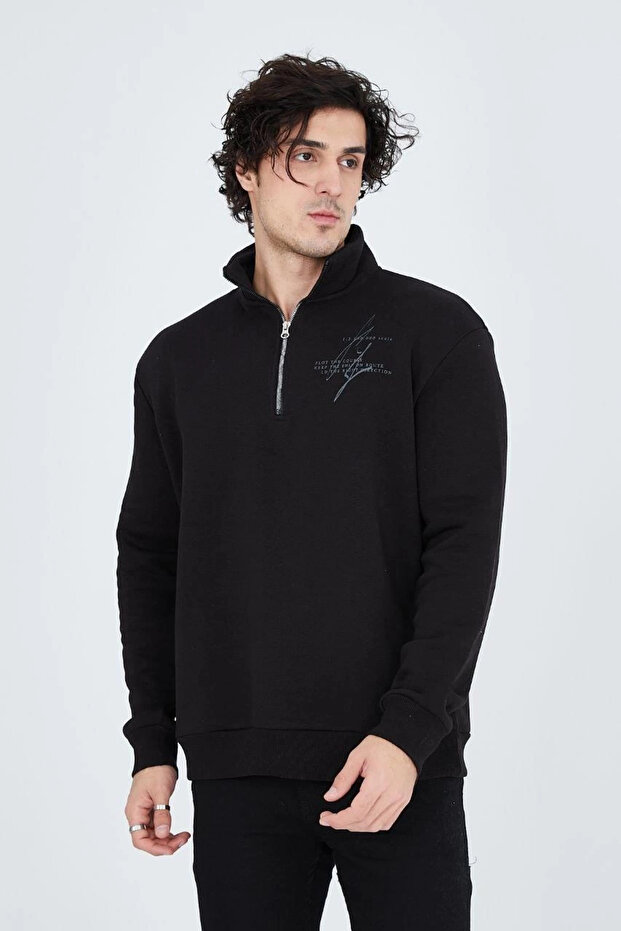 سترة نصفية بسحاب مطبوع - أسود - 2