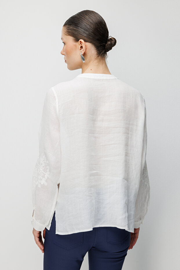 İşlemeli Keten Bluz - 5