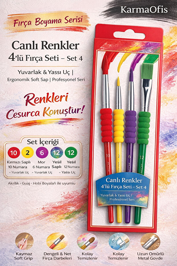 Vibrant Colors 4-Piece Brush Set | Set 4 | 10-2-6-12 Number | Acrylic Gouache Hobby Paint Brush