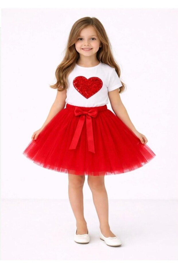 Girls' April 23 October 29 Special Occasions Show Outfit Short Heart T-Shirt and Tutu Skirt Set