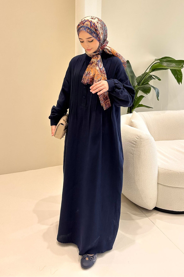 Sahra Half-Buttoned Muslin Dress - Navy Blue