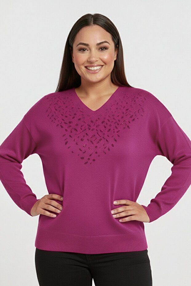 Women's V-Neck Front Glitter Detailed Plus Size Knitwear Blouse