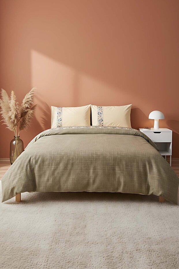 Folkart Beige Double Patterned 100% Cotton Duvet Cover Set - 4 Pieces