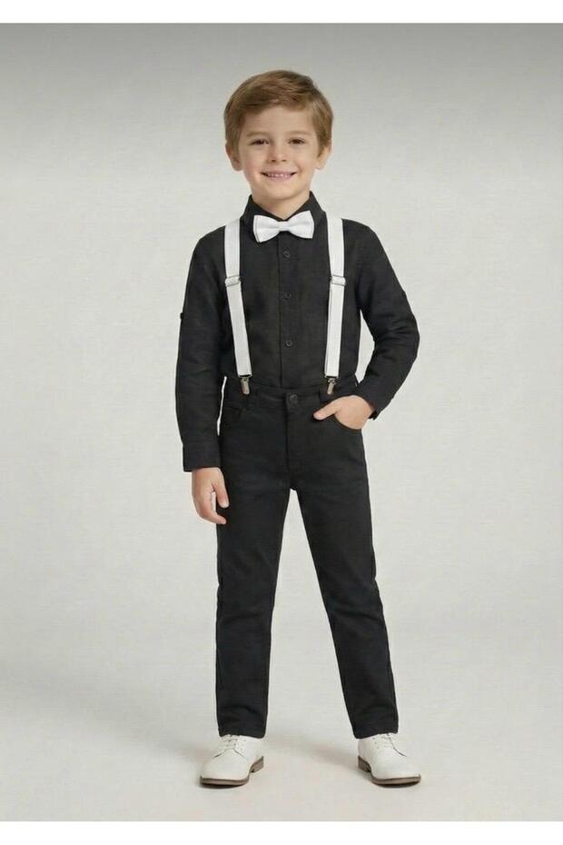 Boys' April 23 October 29 Black Long Sleeve Shirt Black Pants White Suspender Bow Tie Suit