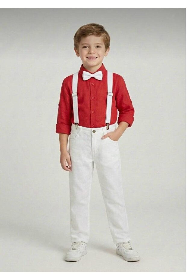 Boys' April 23 October 29 Red Long Sleeve Shirt White Pants White Suspender Bow Tie Suit