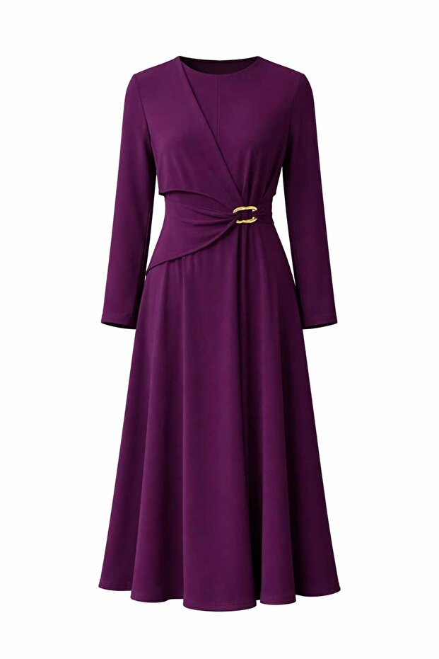 Women's New Season Sandy Fabric Full Lycra Flexible Buckle Detail Dress