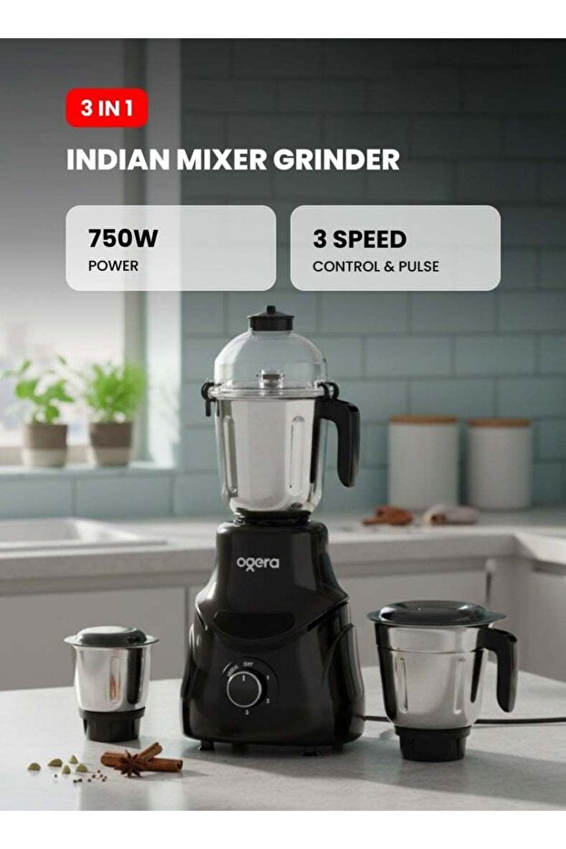 Indian Mixer Grinder 750W | 3-Speed with Pulse | 3 Stainless Steel Jars | Heavy Duty Motor