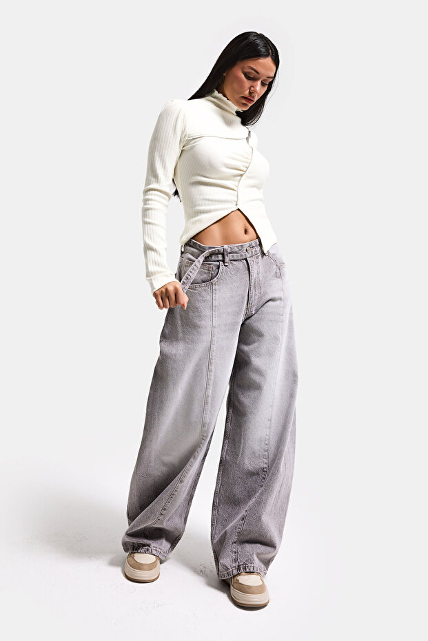 Women's Gray 4S6-158 Low Rise Baggy Fit Belt Detail Loose Cut Denim Jeans