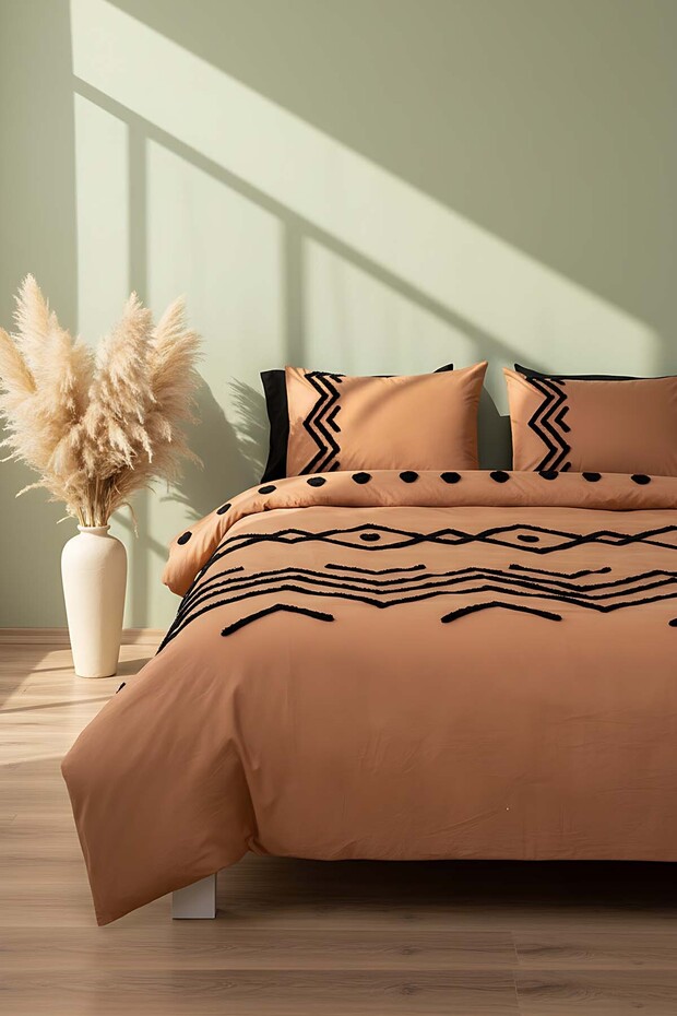 Puff Embroidered Elio Copper Double Duvet Cover Set - 6 Piece Dowry Set