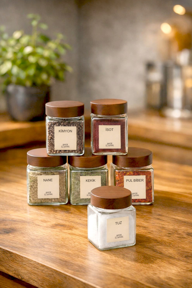 6-Piece Acacia Lid Labeled Square Glass Spice Jar Set
