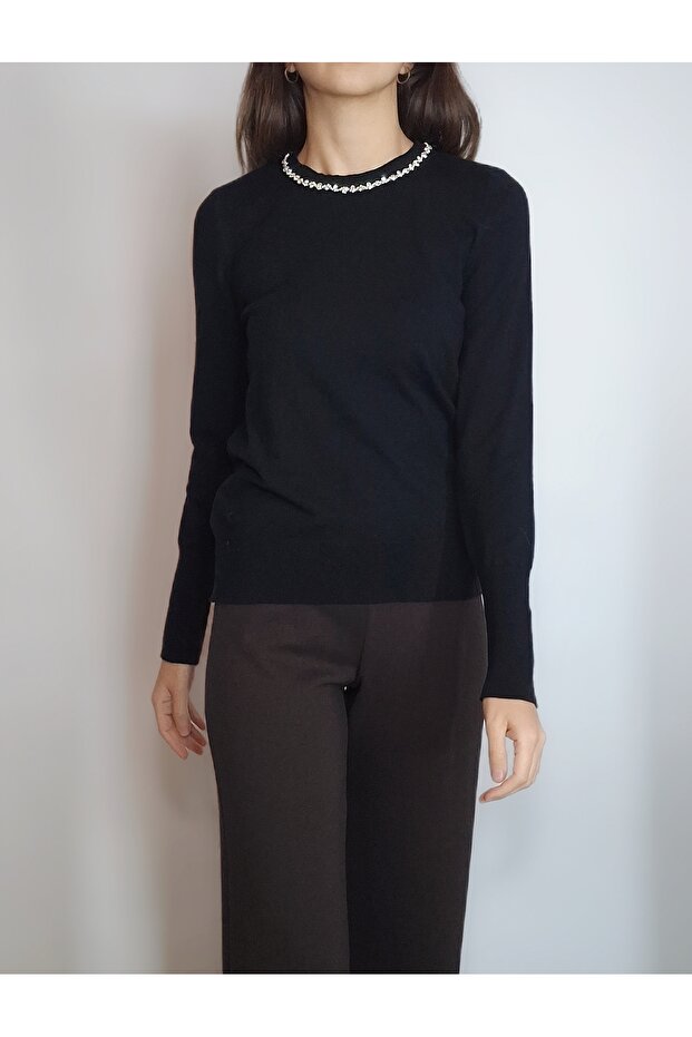 Women's Black Stone-Collared Zero-Collar Tricot Sweater Yy101328