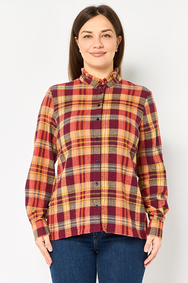 Women Ruffle Collar Long Sleeve Plaid Shirt, Multicolor