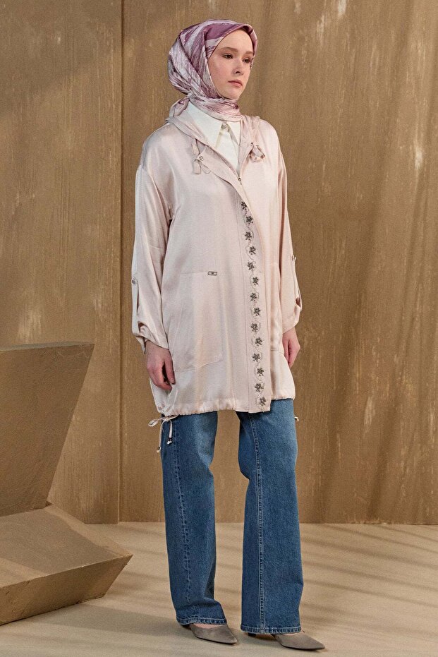 İşlemeli Floş Saten Tunik - 2