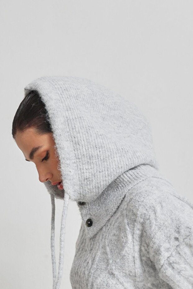 Gri Düğme Detaylı Örme Şapka - 3