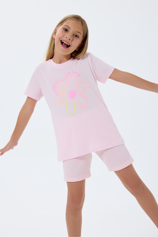 100% Cotton Cotton Piece Girls' Pajama Shorts Set Flower