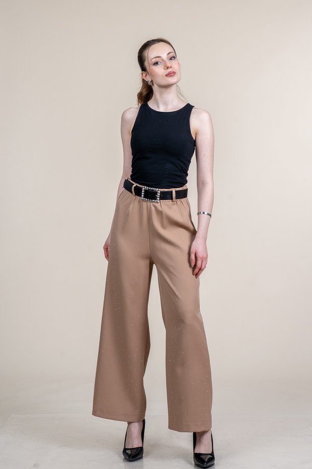 Women's Summer Beige High Waist Tube Leg Printed Crepe Fabric Elastic Waist Belted Trousers Casual Daily Office Stylish 30255