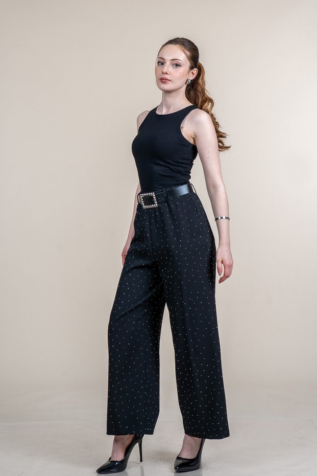 Women's Summer Black High Waist Tube Leg Printed Crepe Fabric Elastic Waist Belted Trousers Casual Daily Office Stylish 30255