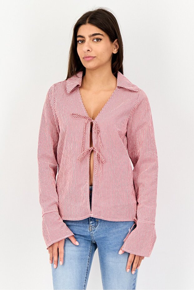 Women V Neck Gingham Long Sleeve Top, Multicolor