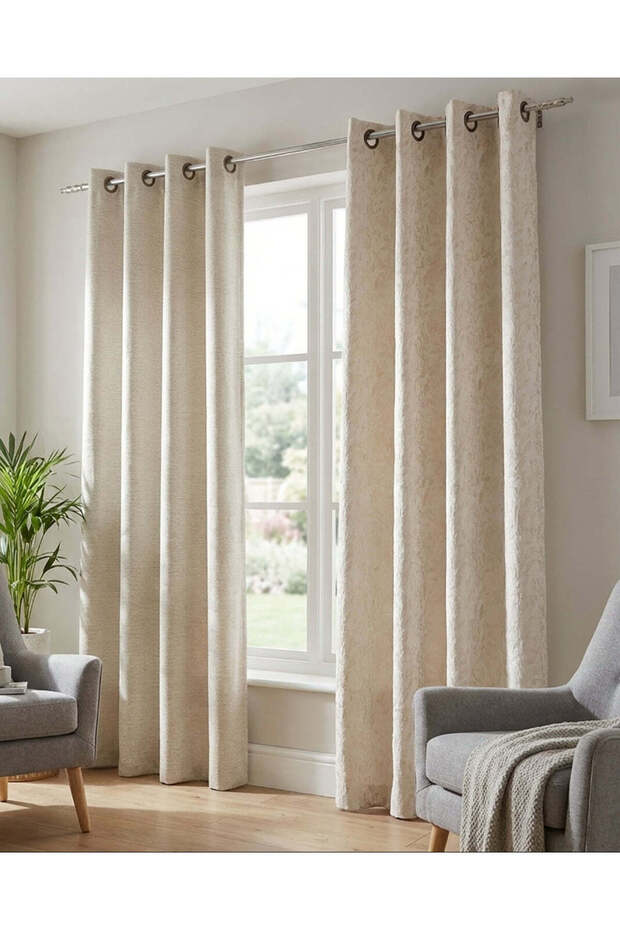 Beige Jacquard Curtain (Pair Without Lining)