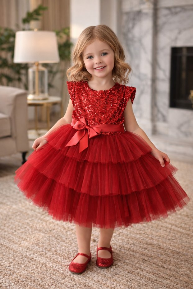 Red, sequined, layered fluffy, Lined, ribboned, Invisible Zipper piece, girl's evening dress