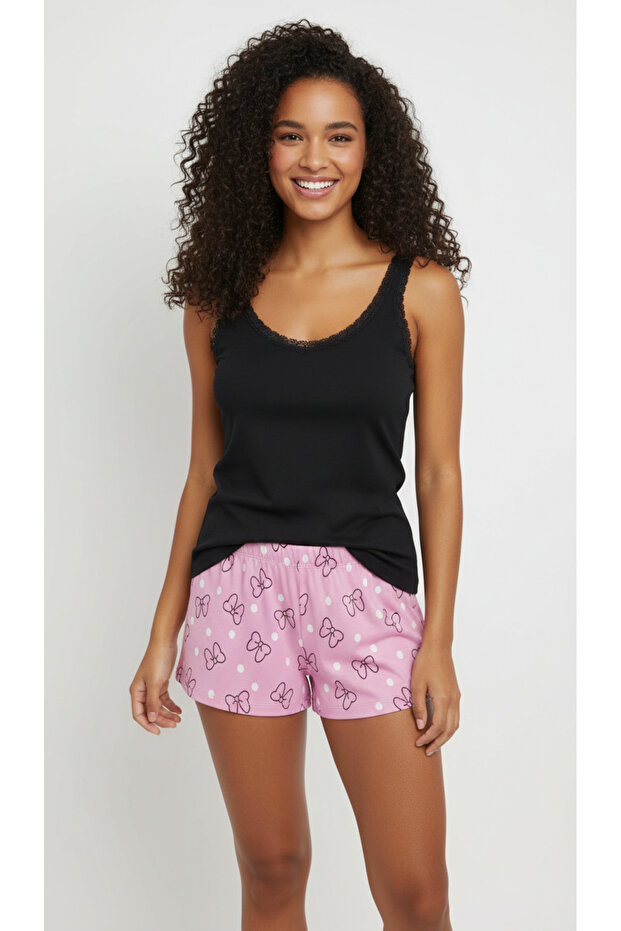 Women's Cotton Ornament Lace Thick Strap Tank Top and Shorts 2-Piece Set Bb2340