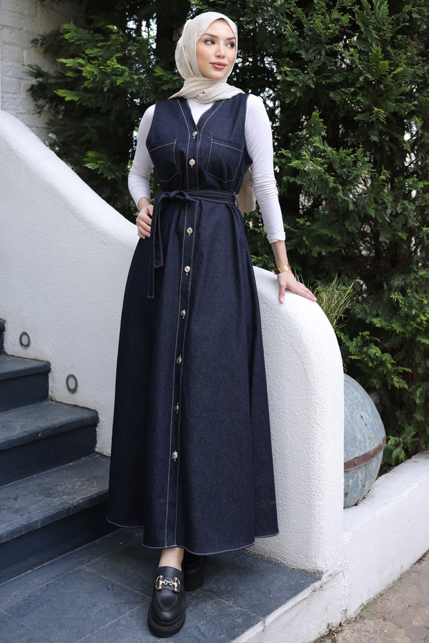 Navy Blue Buttoned Pocketed Denim Gilet Dress
