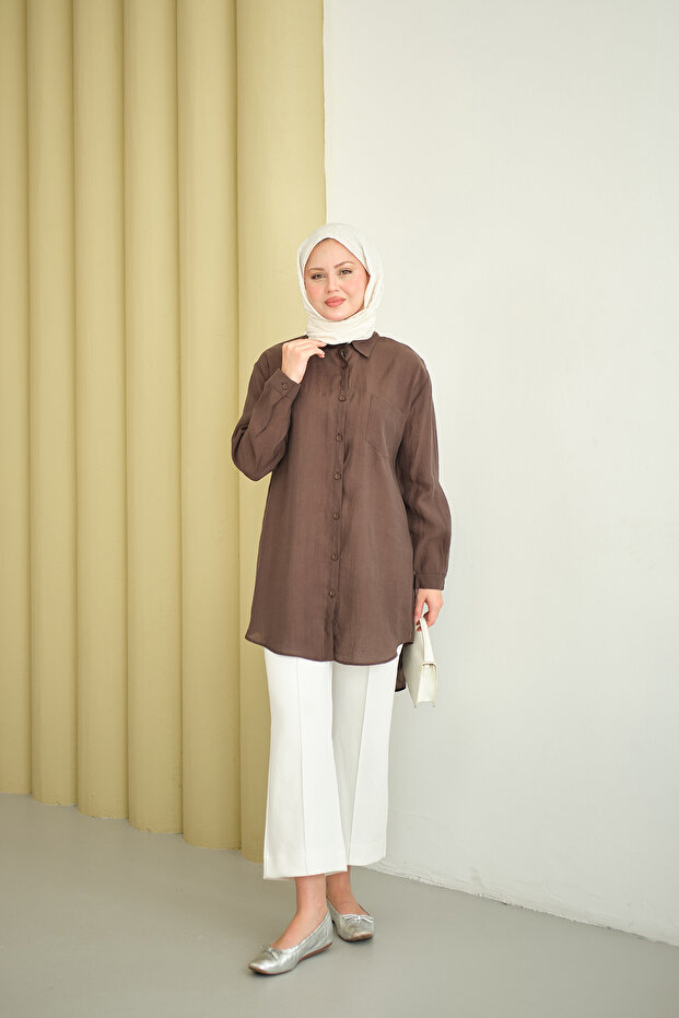 Cămașă lungă de damă basic maro - 2