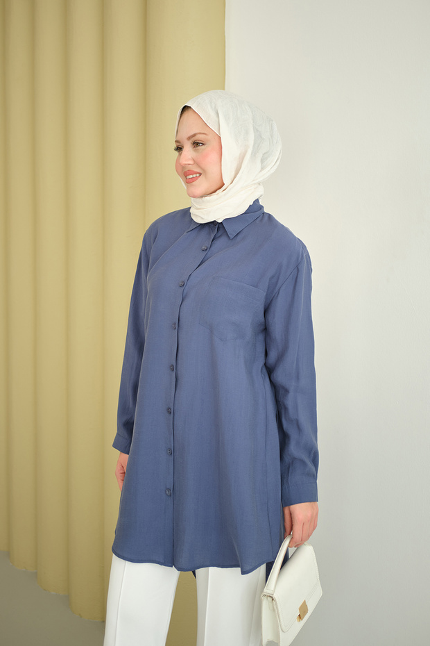 Kadın Basic Uzun Gömlek İndigo Mavi - 5