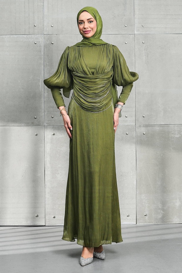 Khaki Buy Chain Detail Drapeli Janjan Evening Dresses