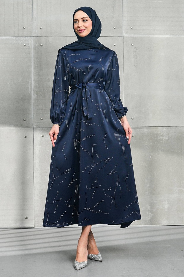 Navy Blue Stoned Belted Satin Evening Dress